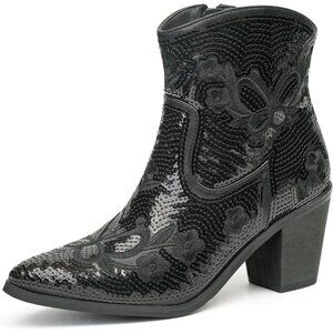 JABASIC Women Black Western Cowboy Ankle Boots Low Cowgirl with Zipper